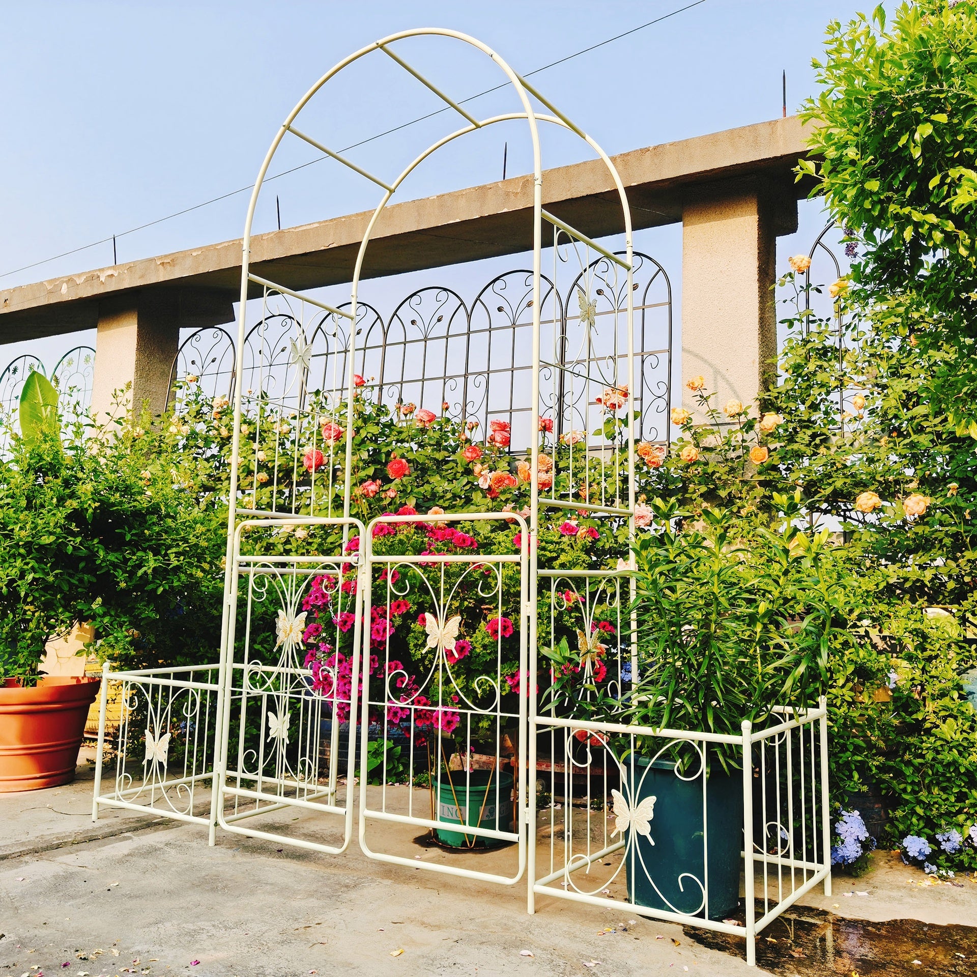 Metal Garden Arch with Gate 79.5'' Wide x 86.6'' High Climbing Plants Support Rose Arch Outdoor Cream White