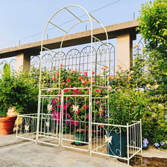 Metal Garden Arch with Gate 79.5'' Wide x 86.6'' High Climbing Plants Support Rose Arch Outdoor Cream White