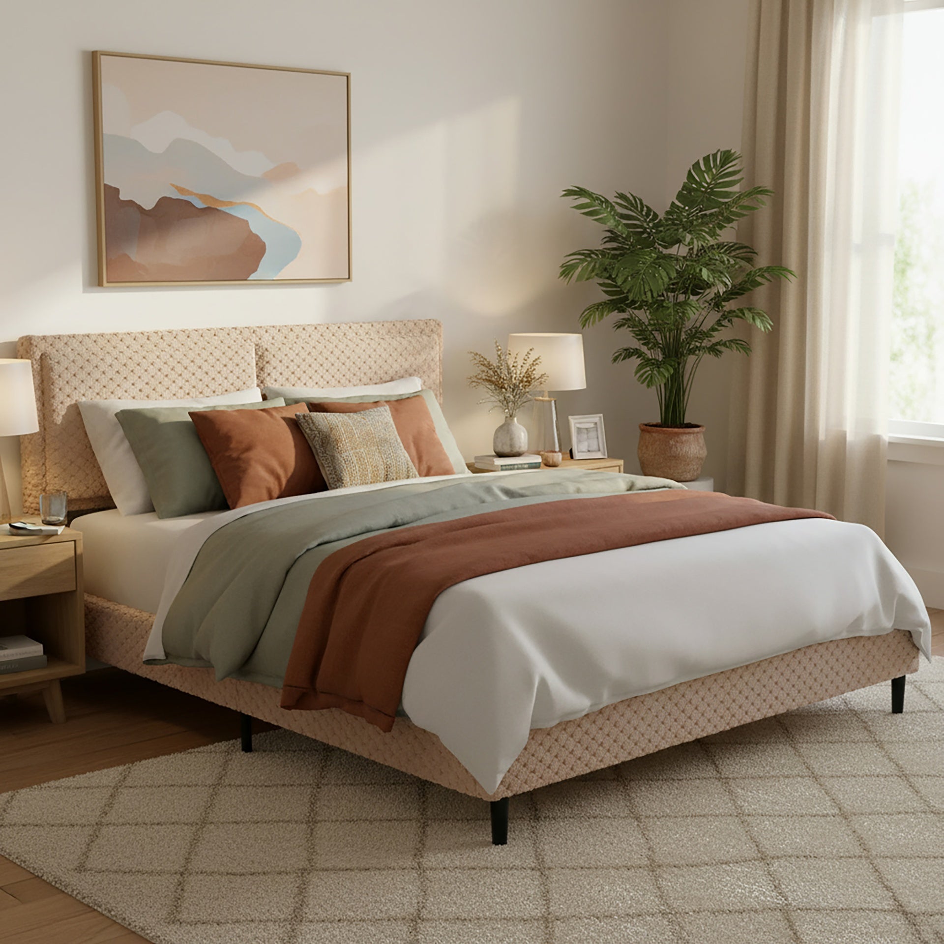 Simple Modern Camel Plush Soft Bed Comfortable Backrest Bedroom Bed,Queen
