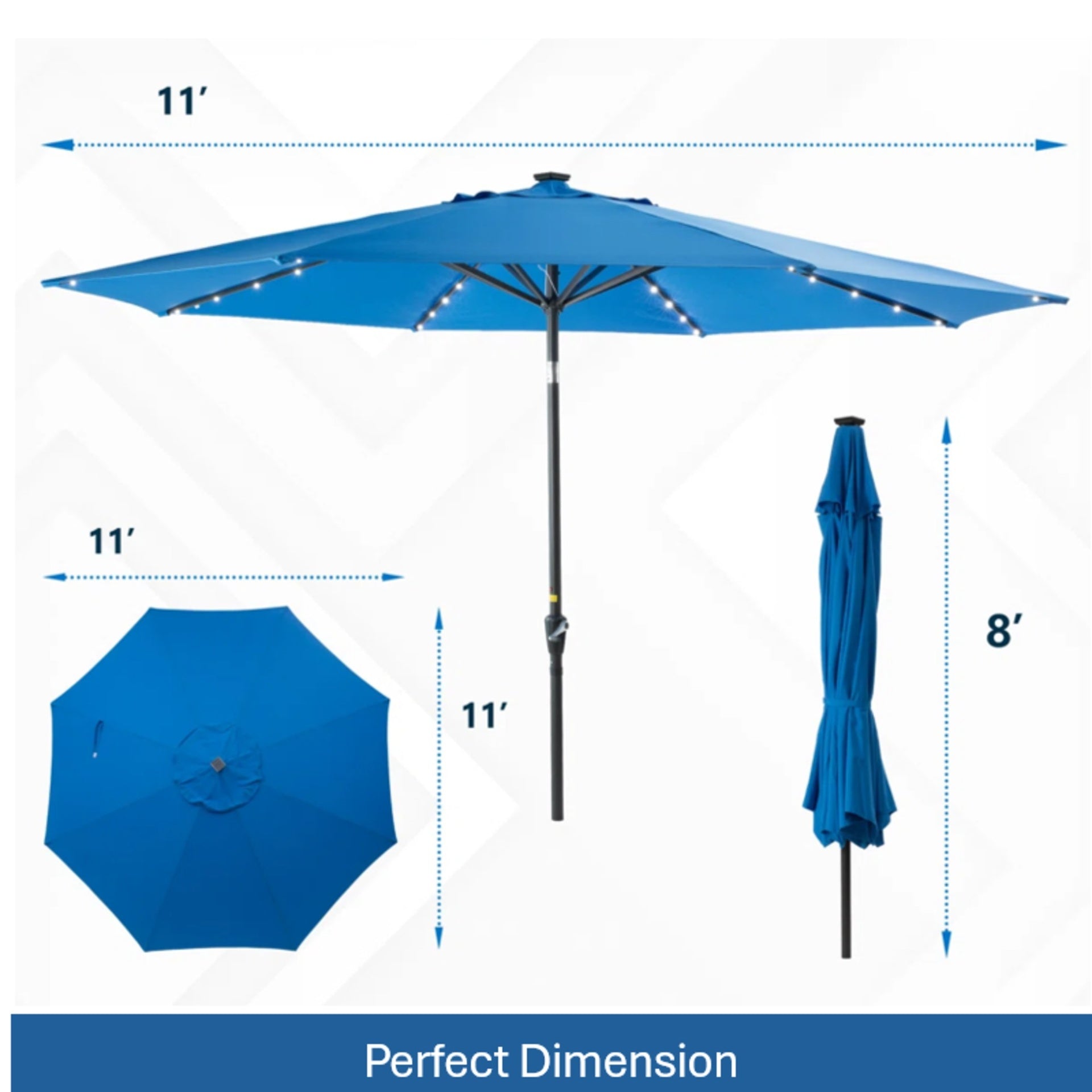 11 Feet Blue Solar LED  Patio Umbrella with Crank Lift , Tilt * 8 Ribs, UV-Resistant Canopy for Pool, Backyard & Patio (Without base)