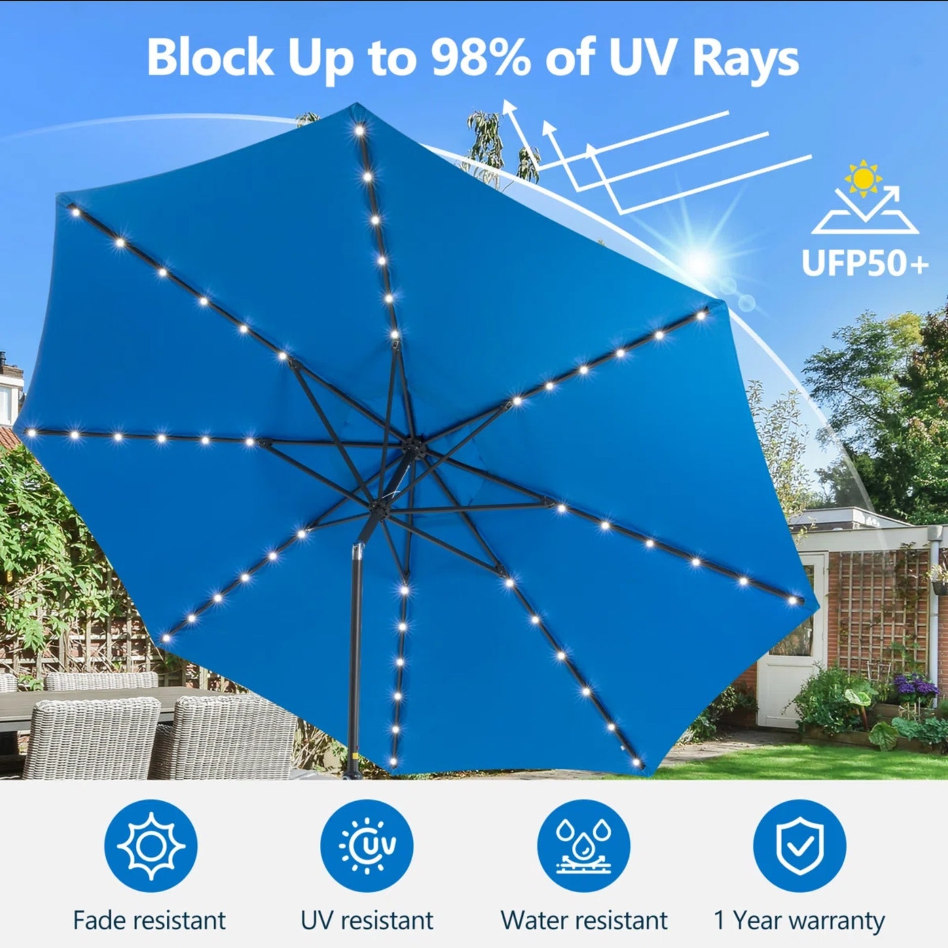 11 Feet Blue Solar LED  Patio Umbrella with Crank Lift , Tilt * 8 Ribs, UV-Resistant Canopy for Pool, Backyard & Patio (Without base)