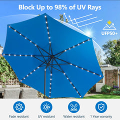 11 Feet Blue Solar LED  Patio Umbrella with Crank Lift , Tilt * 8 Ribs, UV-Resistant Canopy for Pool, Backyard & Patio (Without base)