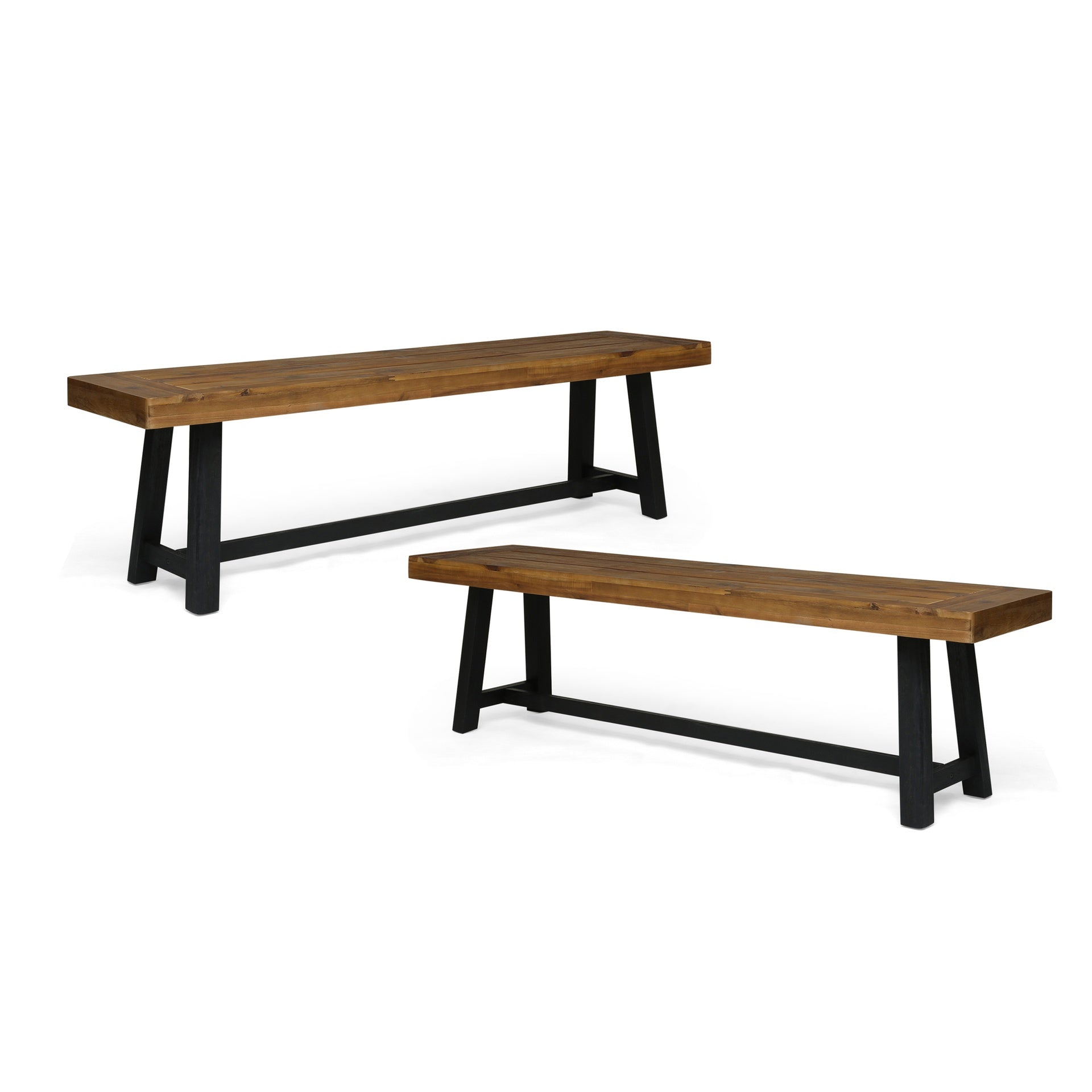 Acacia Outdoor Bench,Sandblast Teak Finish and Black, set of 2pcs