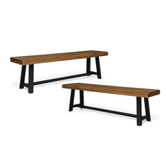 Acacia Outdoor Bench,Sandblast Teak Finish and Black, set of 2pcs
