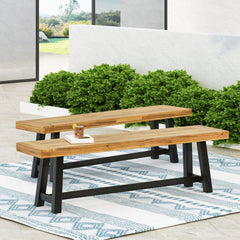Acacia Outdoor Bench,Sandblast Teak Finish and Black, set of 2pcs