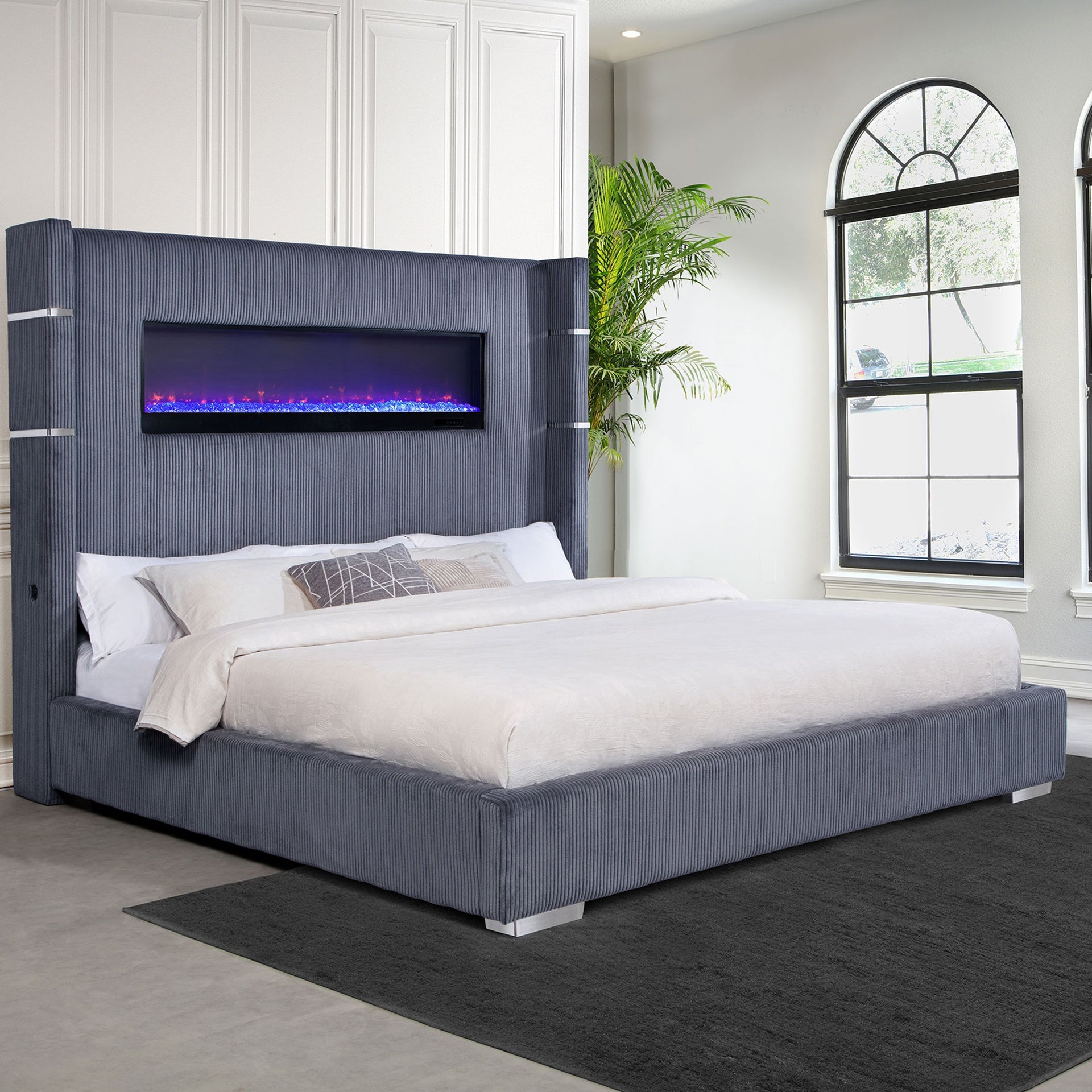 Judah Grey Upholstered Eastern King Flame Visualizer Bed