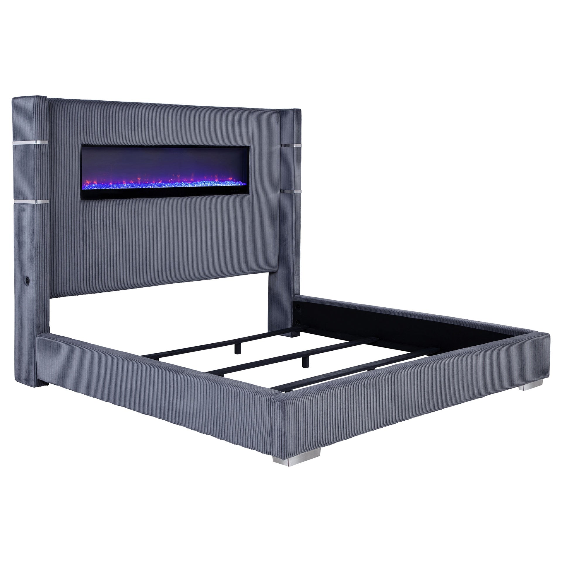 Judah Grey Upholstered Eastern King Flame Visualizer Bed