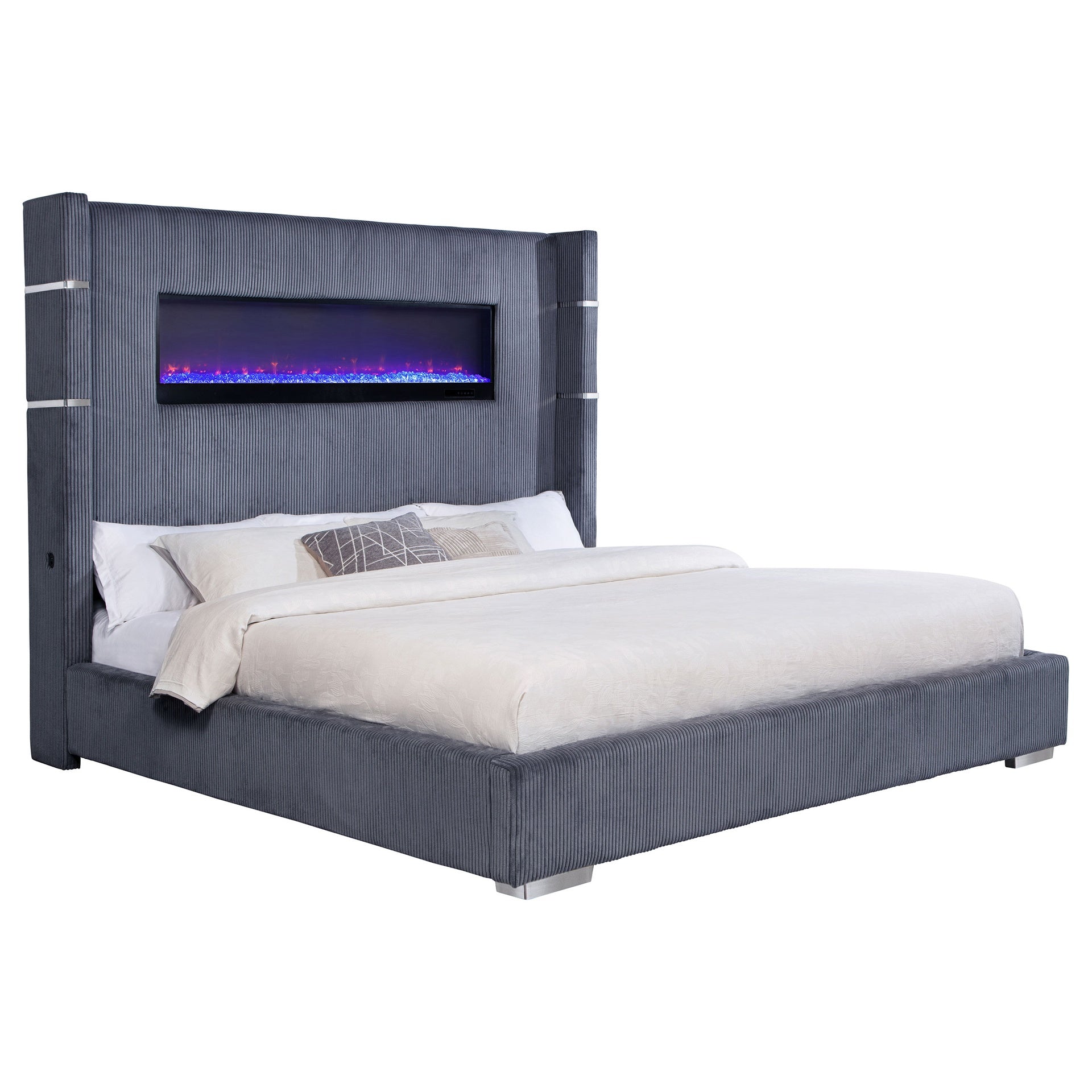Judah Grey Upholstered Eastern King Flame Visualizer Bed