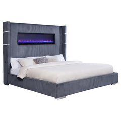 Judah Grey Upholstered Eastern King Flame Visualizer Bed