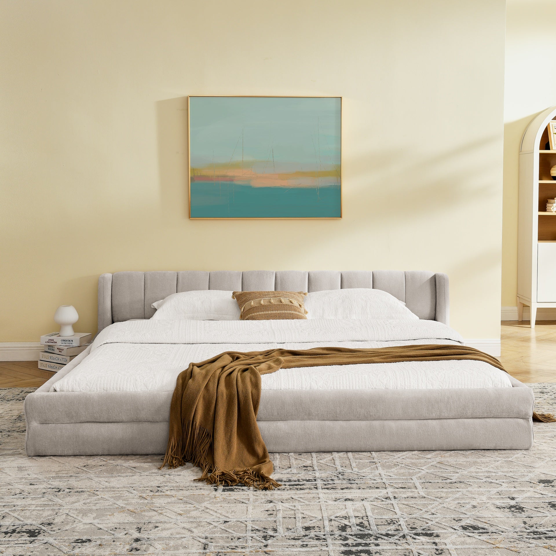 King Size Upholstered Bed Frame with Thick Fabric, comfortable upholstered bed frame, Chenille fabric, with headboard and solid bed frame-Beige(88''*87''*23'')