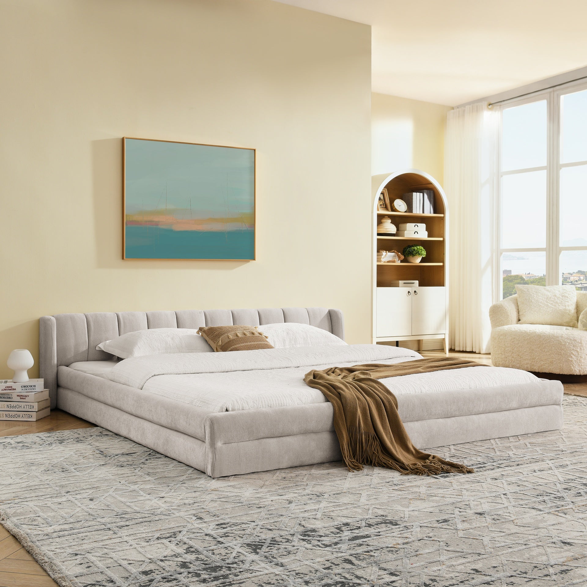 King Size Upholstered Bed Frame with Thick Fabric, comfortable upholstered bed frame, Chenille fabric, with headboard and solid bed frame-Beige(88''*87''*23'')