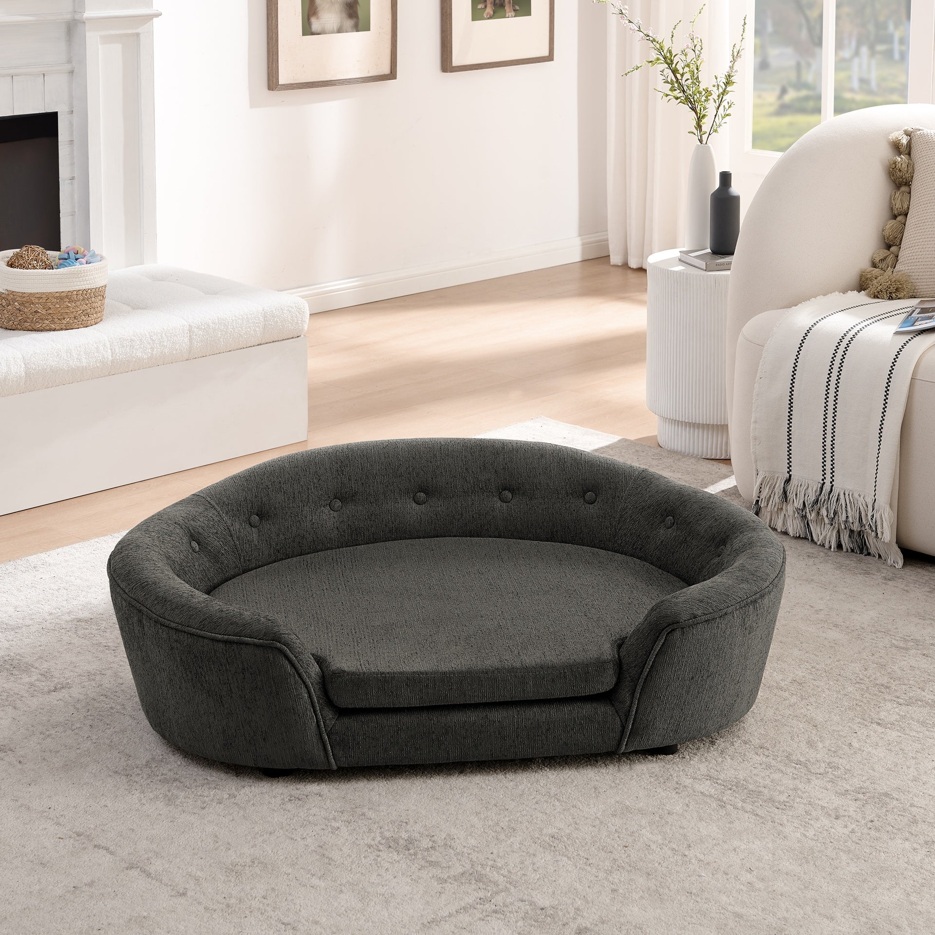 OVERSIZED Size Oval Semi-Enclosed Dog Sofa - Durable Linen Material, Button-Tufted Backrest, High-Center Low-Sides Support & Plush Comfort-Dark Gray