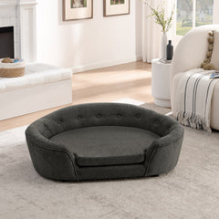 OVERSIZED Size Oval Semi-Enclosed Dog Sofa - Durable Linen Material, Button-Tufted Backrest, High-Center Low-Sides Support & Plush Comfort-Dark Gray
