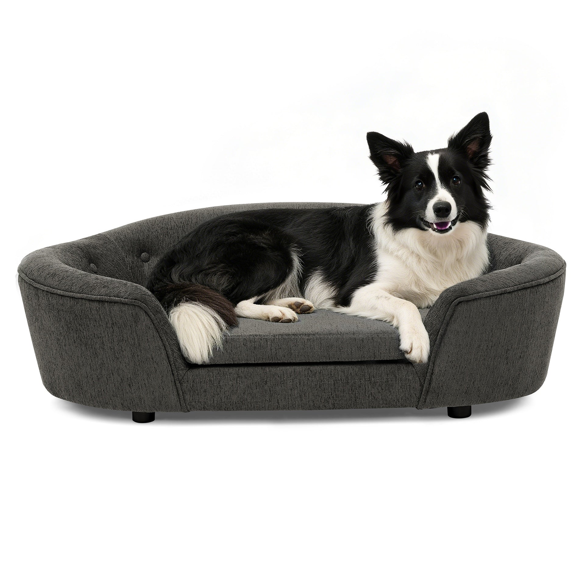 OVERSIZED Size Oval Semi-Enclosed Dog Sofa - Durable Linen Material, Button-Tufted Backrest, High-Center Low-Sides Support & Plush Comfort-Dark Gray