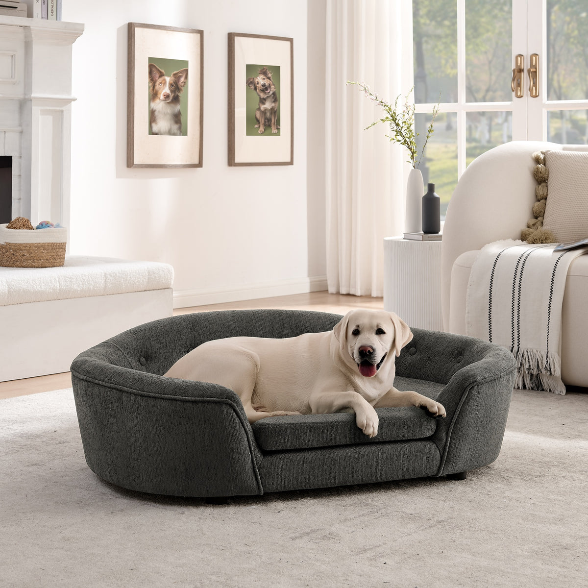 OVERSIZED Size Oval Semi-Enclosed Dog Sofa - Durable Linen Material, Button-Tufted Backrest, High-Center Low-Sides Support & Plush Comfort-Dark Gray