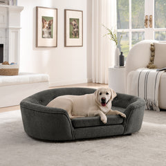 OVERSIZED Size Oval Semi-Enclosed Dog Sofa - Durable Linen Material, Button-Tufted Backrest, High-Center Low-Sides Support & Plush Comfort-Dark Gray