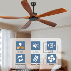 60 Inch wood Ceiling Fan no light with Remote Control, Low Profile Ceiling Fan without Light,Noiseless Reversible DC Motor with Timer