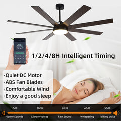 72" Ceiling Fan with Light, 6-Speed Remote Control, Reversible DC Motor, Modern 8 Blades with 6"/12"/19.5"  Downrods for Home or Commercial Black/Walnut