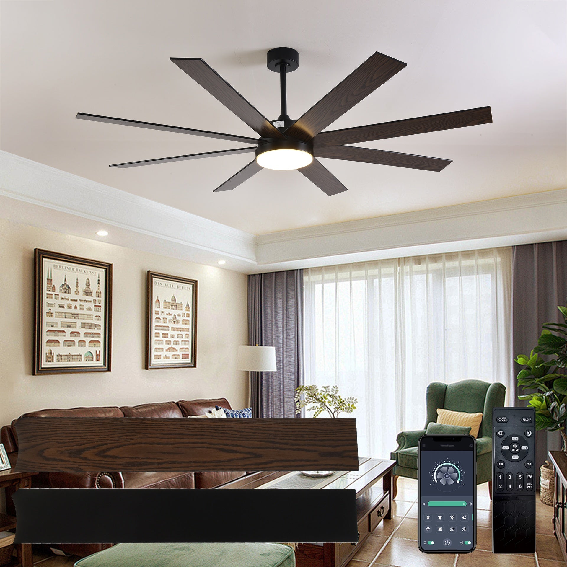 72" Ceiling Fan with Light, 6-Speed Remote Control, Reversible DC Motor, Modern 8 Blades with 6"/12"/19.5"  Downrods for Home or Commercial Black/Walnut