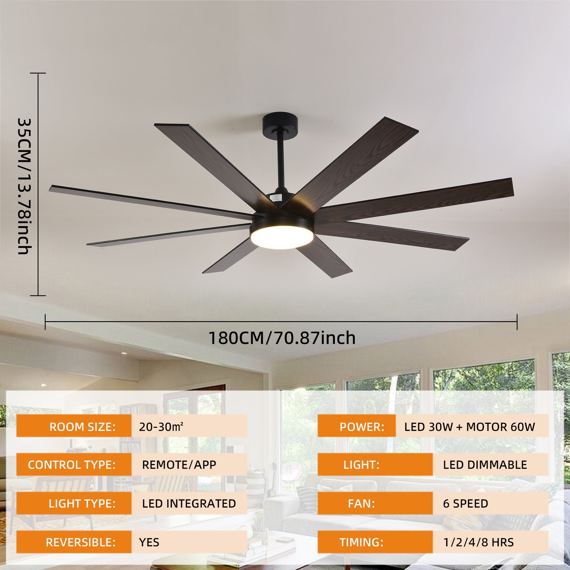 72" Ceiling Fan with Light, 6-Speed Remote Control, Reversible DC Motor, Modern 8 Blades with 6"/12"/19.5"  Downrods for Home or Commercial Black/Walnut