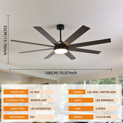 72" Ceiling Fan with Light, 6-Speed Remote Control, Reversible DC Motor, Modern 8 Blades with 6"/12"/19.5"  Downrods for Home or Commercial Black/Walnut