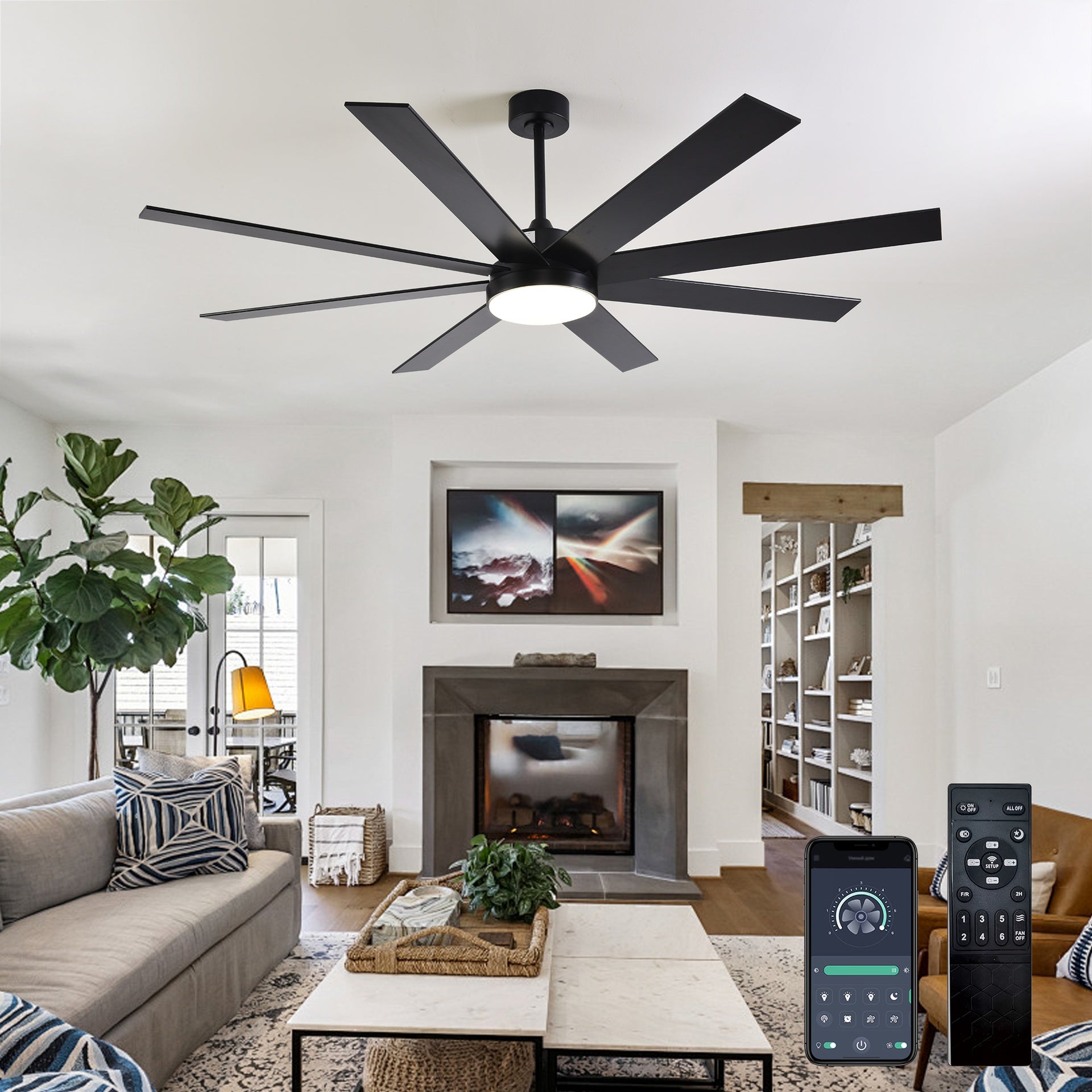 72" Ceiling Fan with Light, 6-Speed Remote Control, Reversible DC Motor, Modern 8 Blades with 6"/12"/19.5"  Downrods for Home or Commercial Black/Walnut