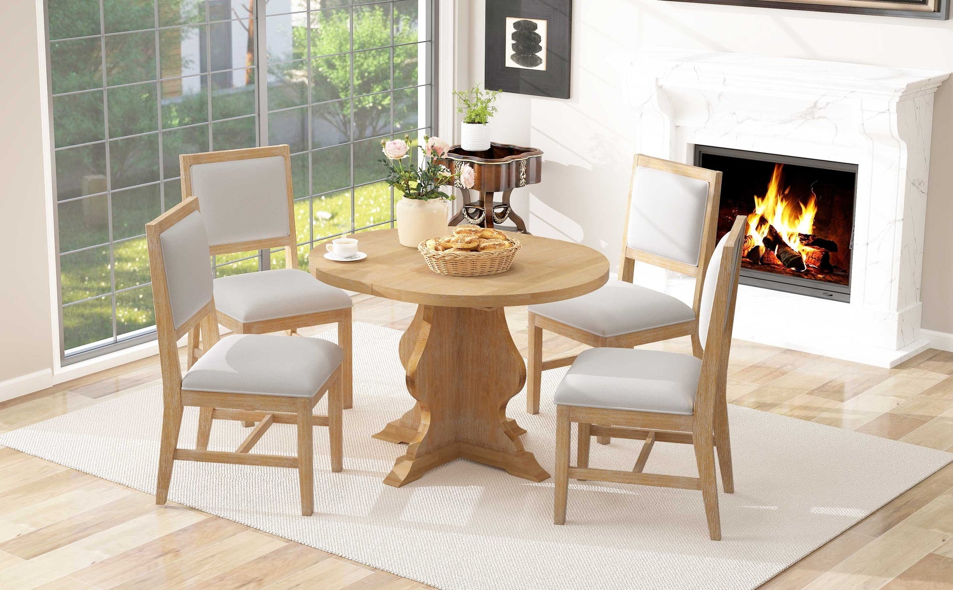 TREXM Farmhouse 5-Piece Dining Table Set with 4 Upholstered Chairs, Wood Extendable Dining Table with 15.7" Leaf for Extra Seating for Dining Room, Kitchen and Living Room (Natural Wood Wash)