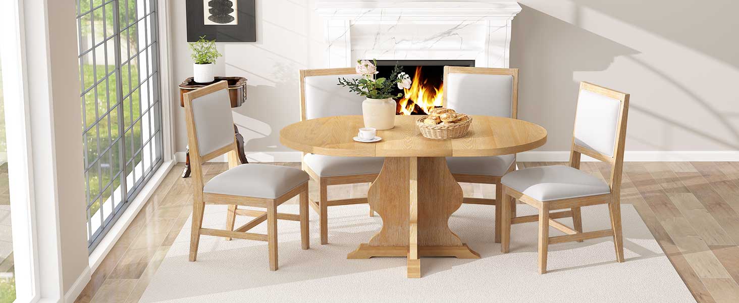 TREXM Farmhouse 5-Piece Dining Table Set with 4 Upholstered Chairs, Wood Extendable Dining Table with 15.7" Leaf for Extra Seating for Dining Room, Kitchen and Living Room (Natural Wood Wash)