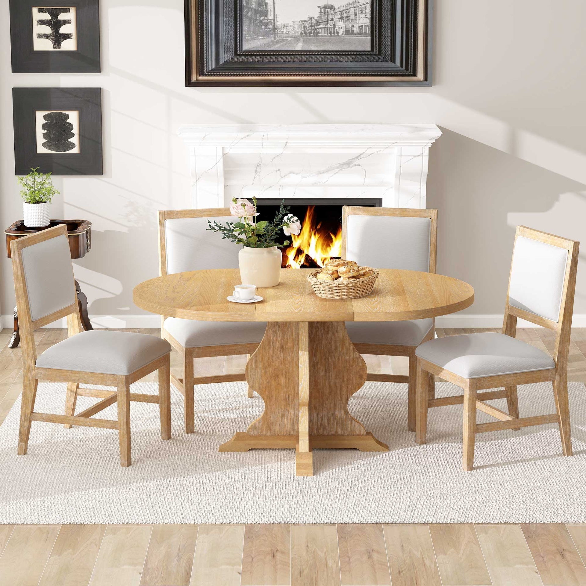 TREXM Farmhouse 5-Piece Dining Table Set with 4 Upholstered Chairs, Wood Extendable Dining Table with 15.7" Leaf for Extra Seating for Dining Room, Kitchen and Living Room (Natural Wood Wash)