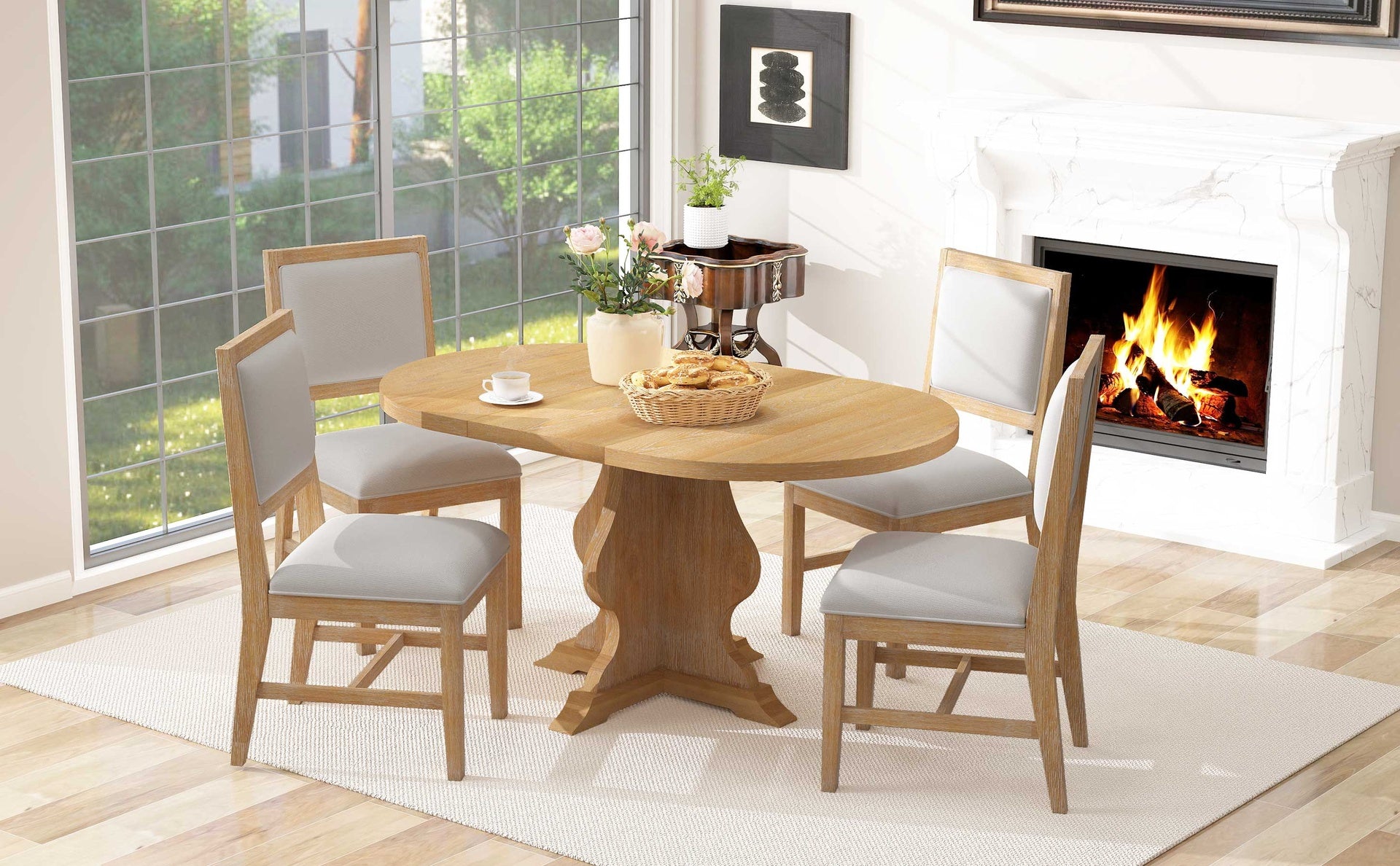 TREXM Farmhouse 5-Piece Dining Table Set with 4 Upholstered Chairs, Wood Extendable Dining Table with 15.7" Leaf for Extra Seating for Dining Room, Kitchen and Living Room (Natural Wood Wash)