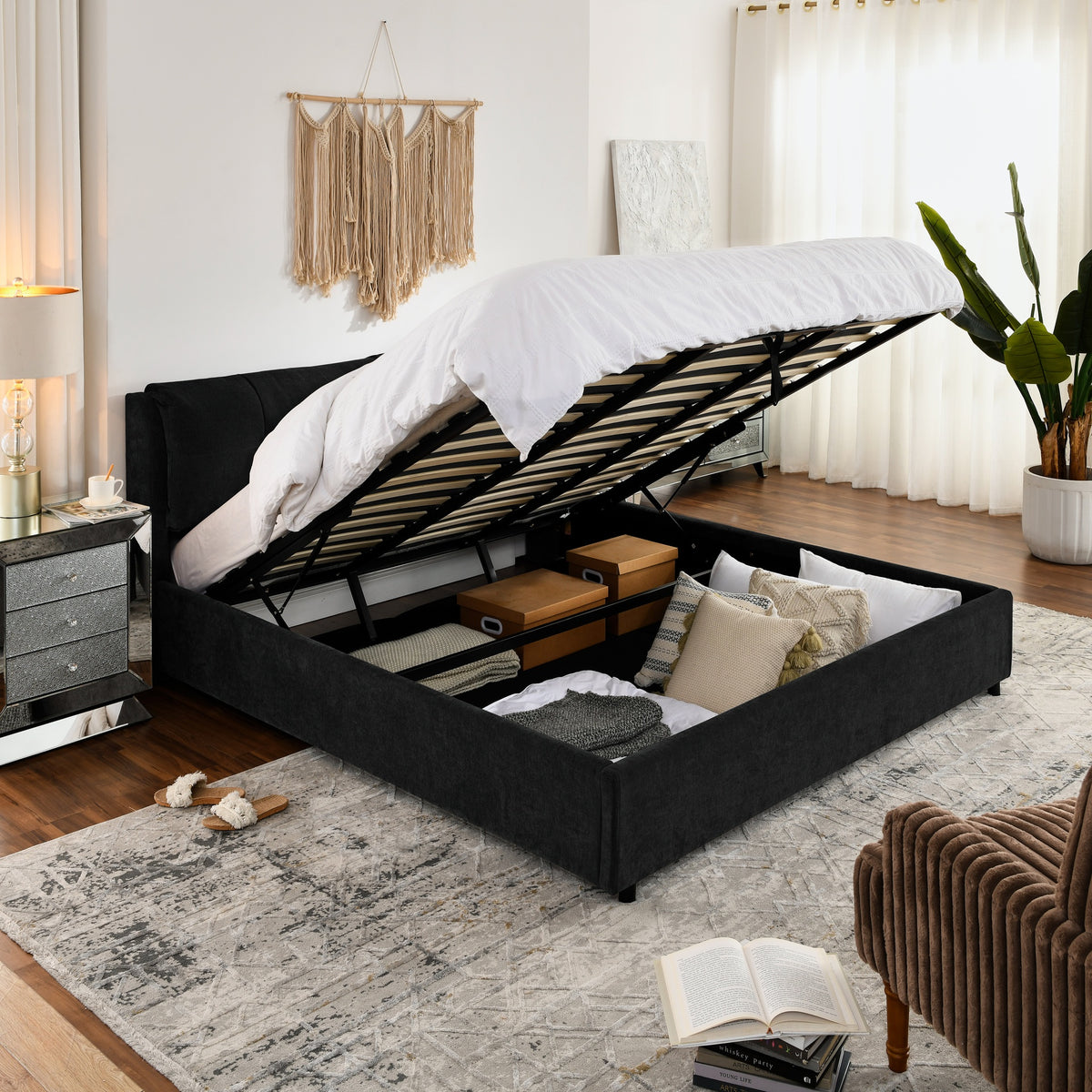 King Size Storage Upholstered Hydraulic Platform Bed with Integrated Headboard, Chenille Fabric, Black