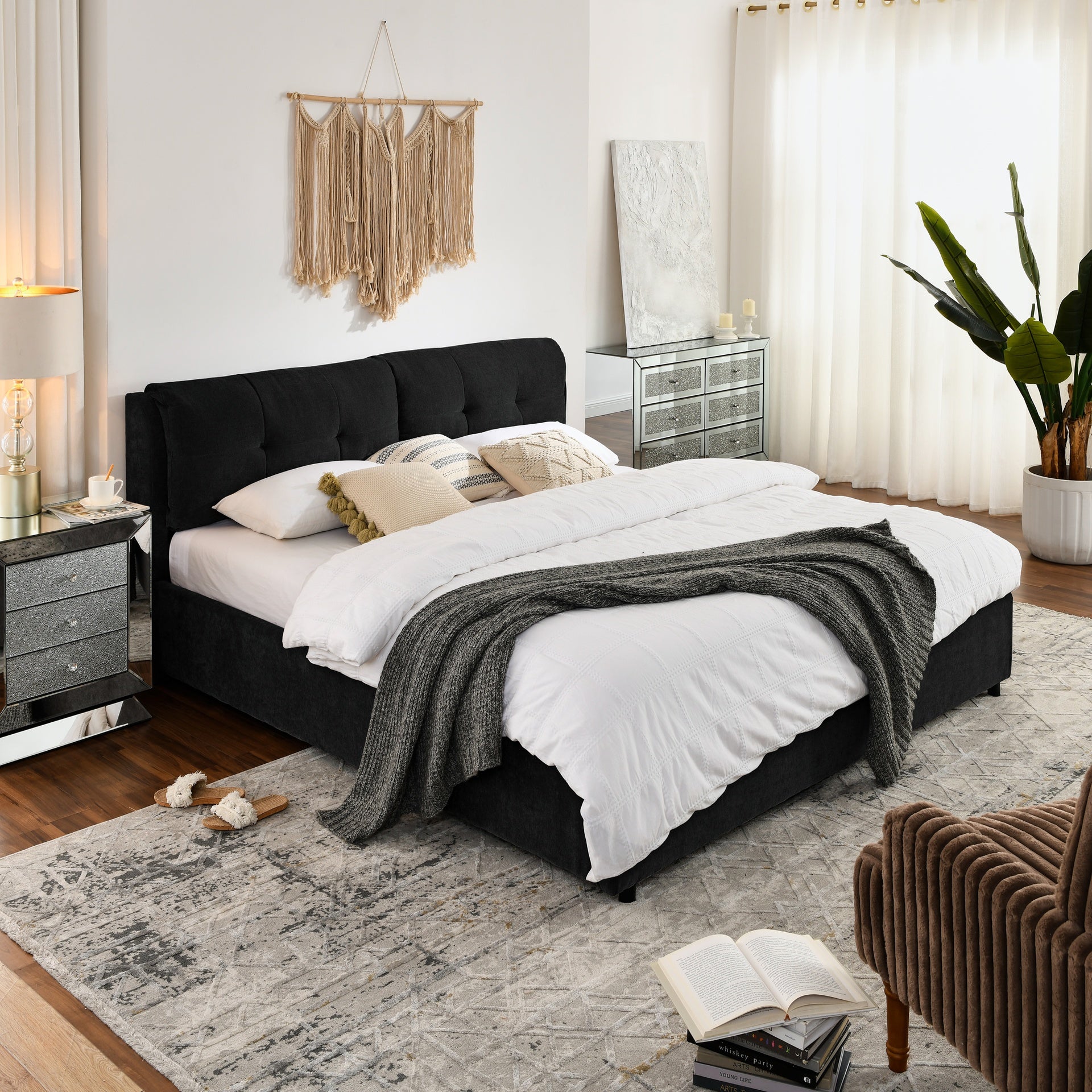 King Size Storage Upholstered Hydraulic Platform Bed with Integrated Headboard, Chenille Fabric, Black