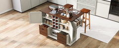 K&K 54" Farmhouse Kitchen Island with Drop Leaf, Power Outlet, Kitchen Storage Cart with 2 Doors, 2 Drawers, Rolling Kitchen Island on 4 Large Wheels with Spice Rack for Kitchen, Dining Room, White