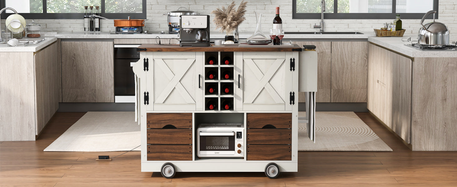 K&K 54" Farmhouse Kitchen Island with Drop Leaf, Power Outlet, Kitchen Storage Cart with 2 Doors, 2 Drawers, Rolling Kitchen Island on 4 Large Wheels with Spice Rack for Kitchen, Dining Room, White