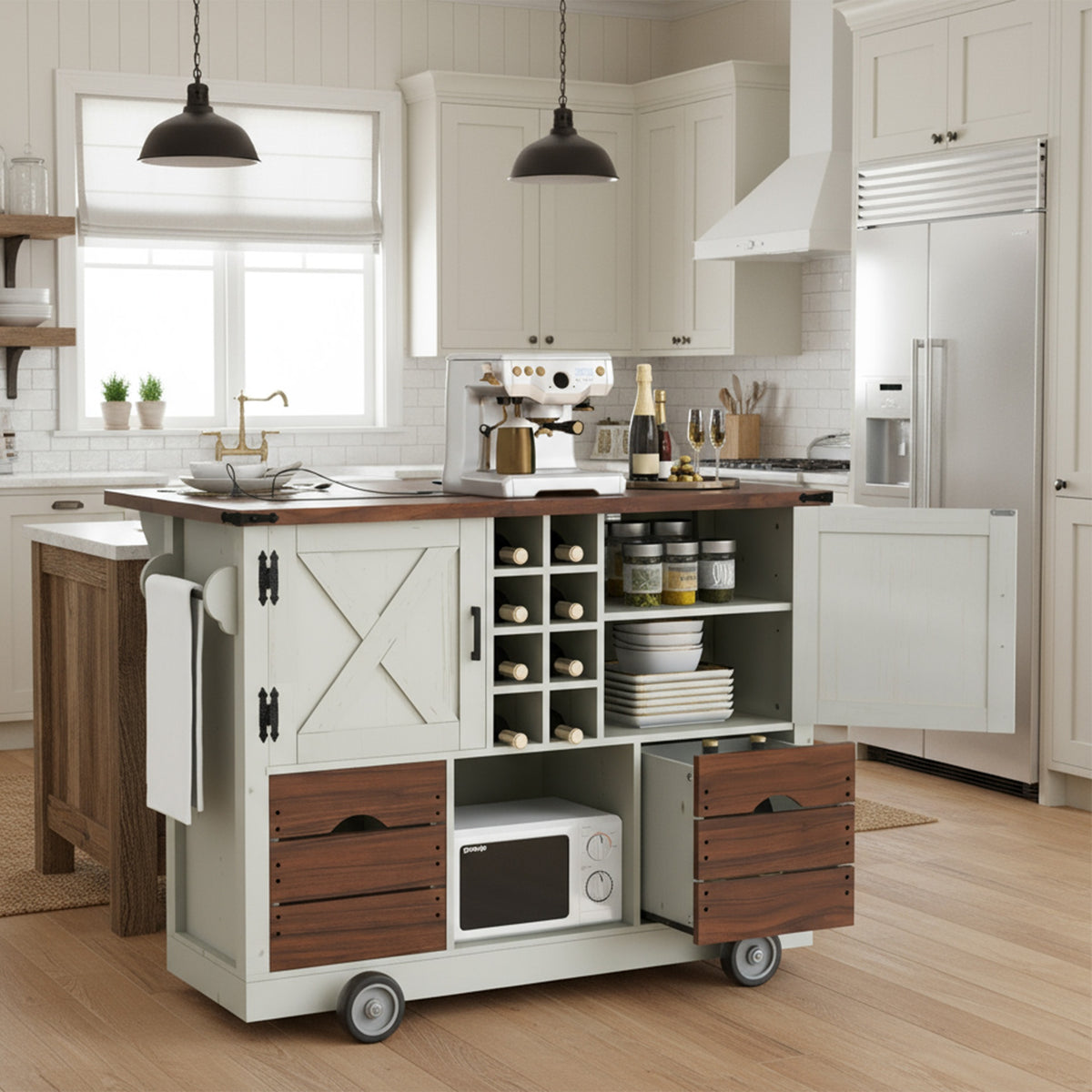 K&K 54" Farmhouse Kitchen Island with Drop Leaf, Power Outlet, Kitchen Storage Cart with 2 Doors, 2 Drawers, Rolling Kitchen Island on 4 Large Wheels with Spice Rack for Kitchen, Dining Room, White