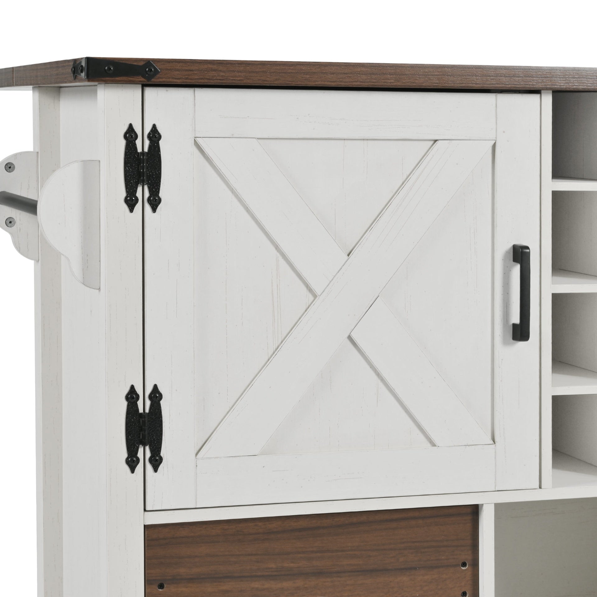 K&K 54" Farmhouse Kitchen Island with Drop Leaf, Power Outlet, Kitchen Storage Cart with 2 Doors, 2 Drawers, Rolling Kitchen Island on 4 Large Wheels with Spice Rack for Kitchen, Dining Room, White