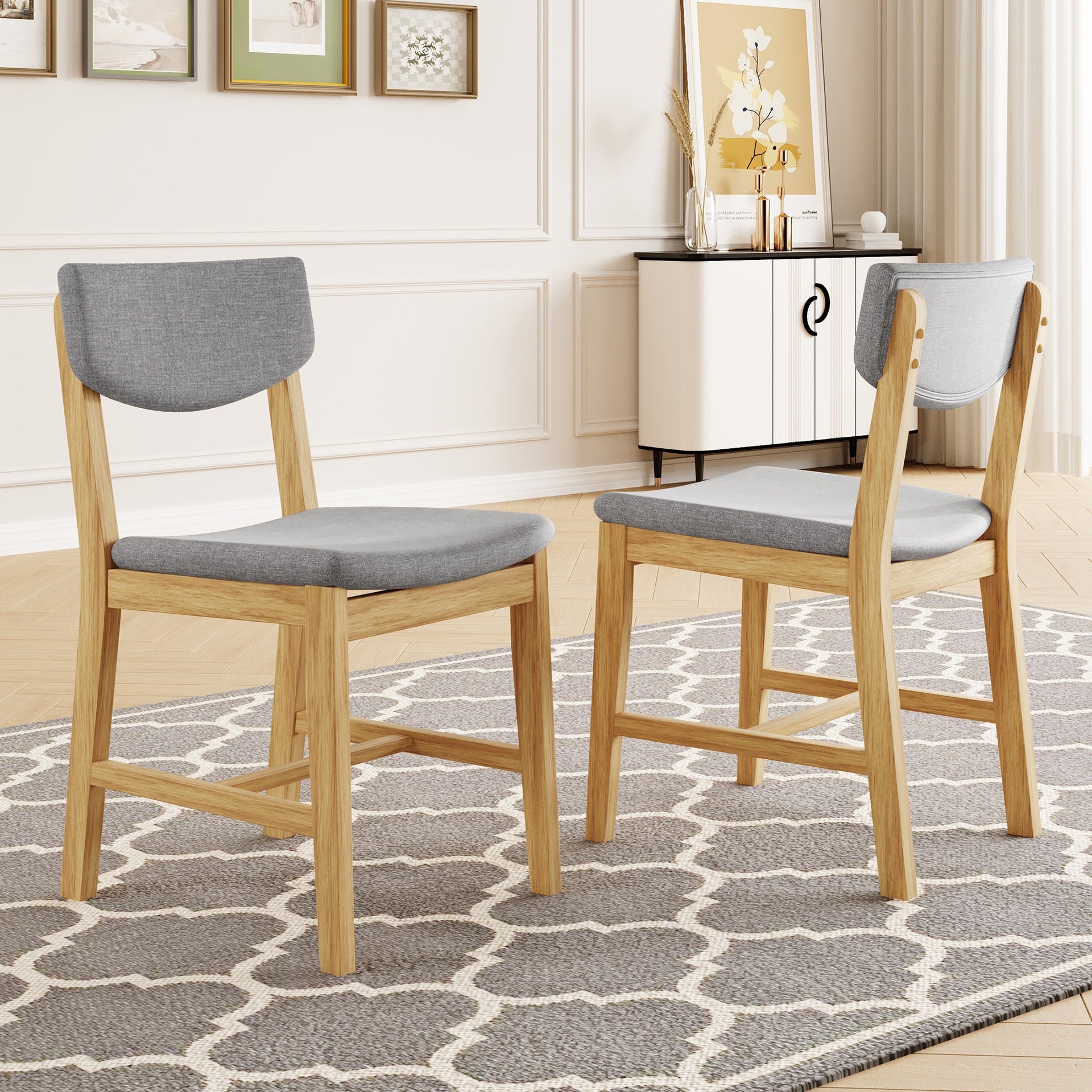 4-Piece Rustic Farmhouse Dining Chair - Solid Wood Frame with Gray Fabric Cushion, Upholstered Accent Chair for Kitchen, Dining Room, Living Room, Natural