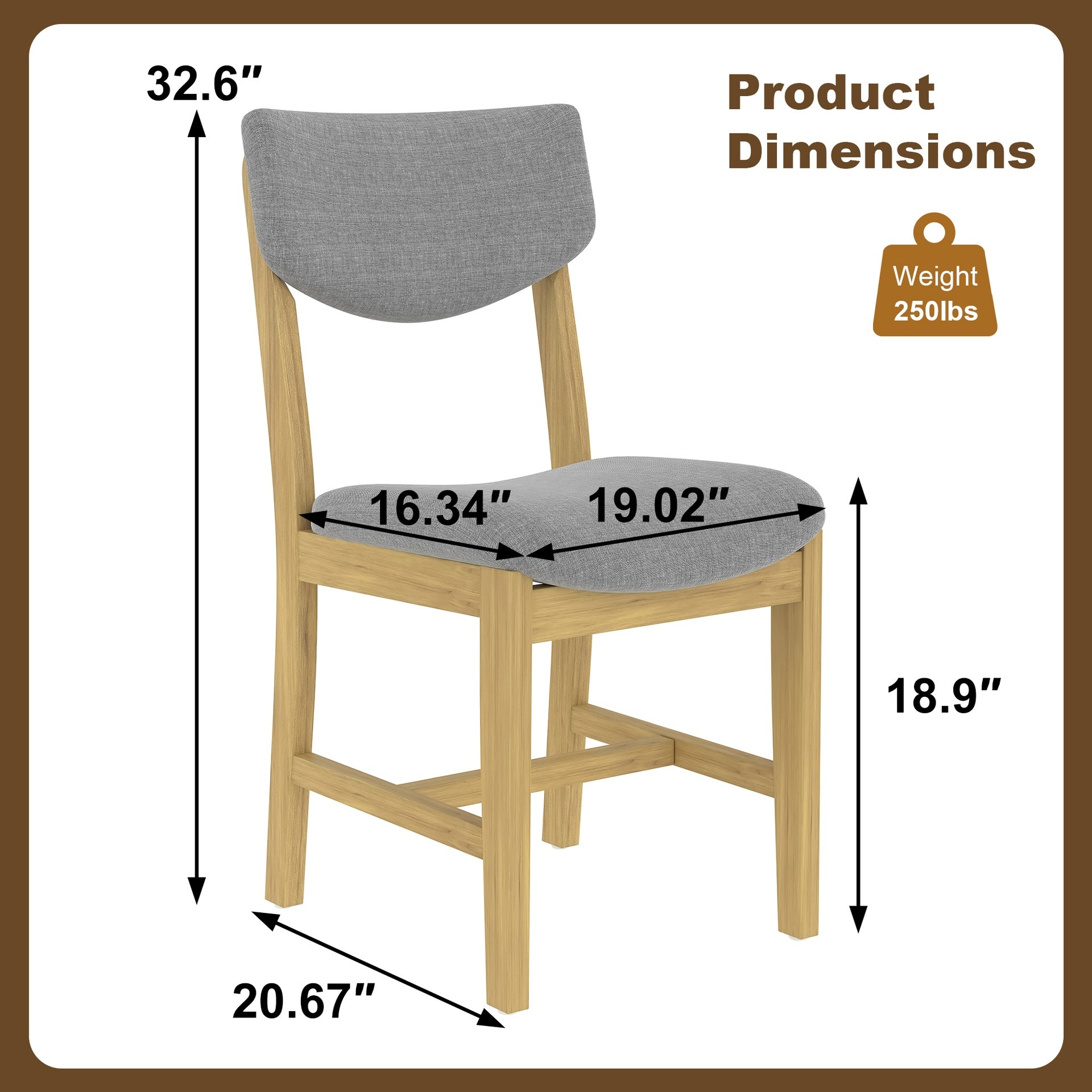 4-Piece Rustic Farmhouse Dining Chair - Solid Wood Frame with Gray Fabric Cushion, Upholstered Accent Chair for Kitchen, Dining Room, Living Room, Natural