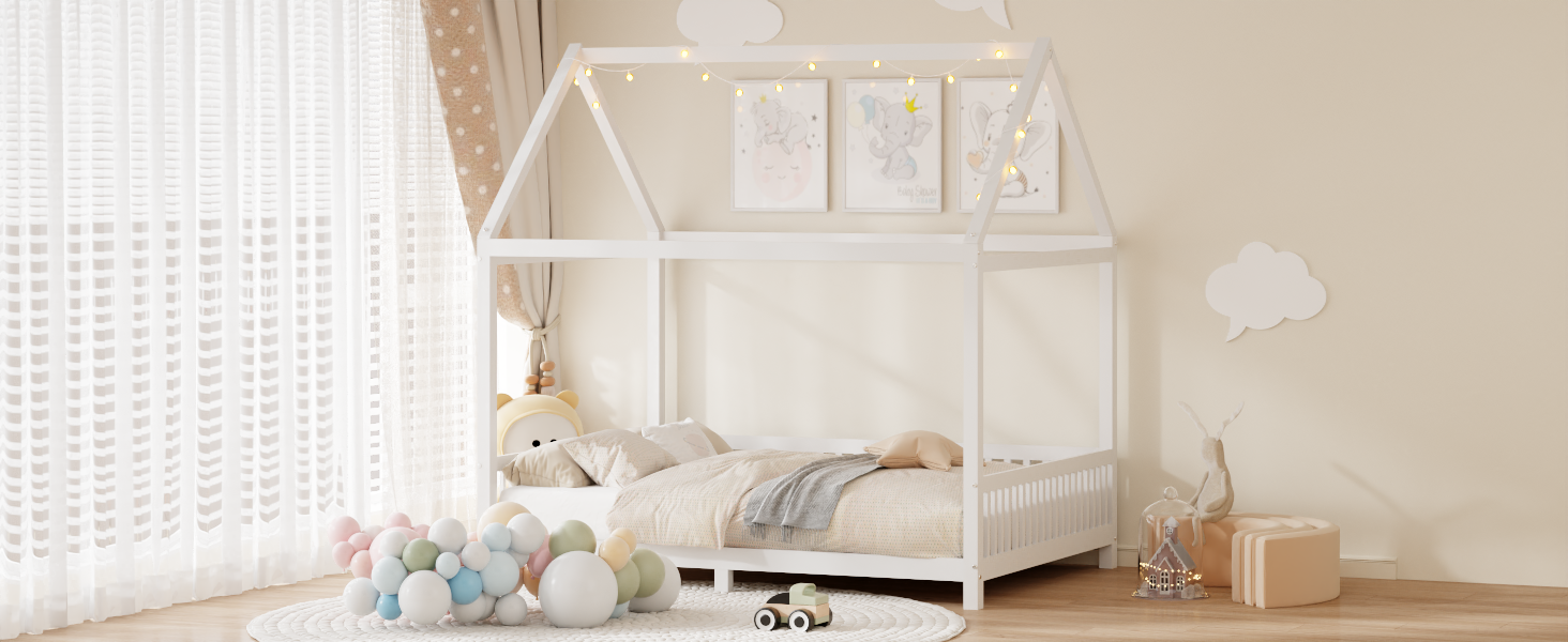 Wood Full Size House Bed with Guardrail and LED, White