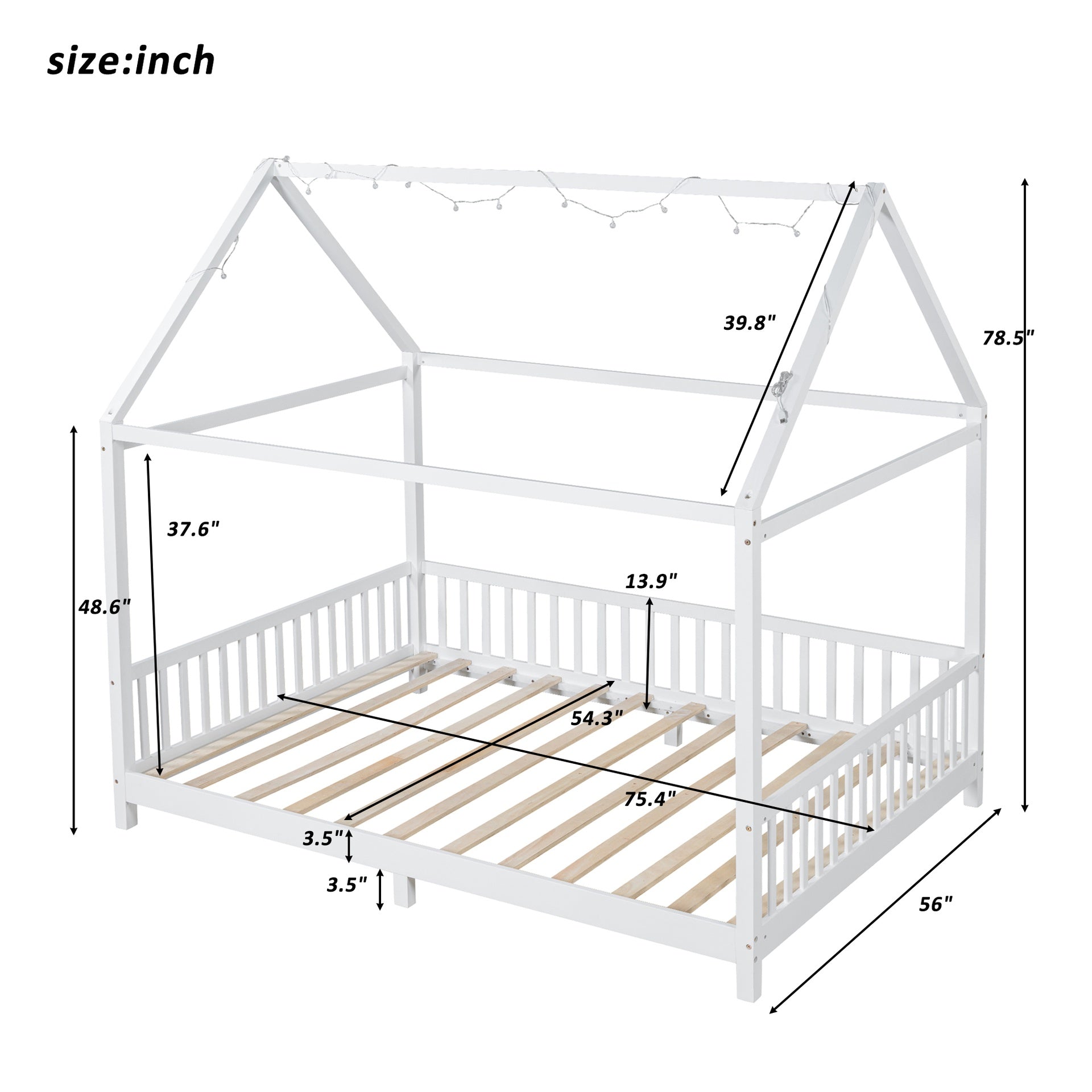Wood Full Size House Bed with Guardrail and LED, White
