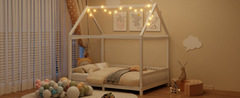 Wood Full Size House Bed with Guardrail and LED, White
