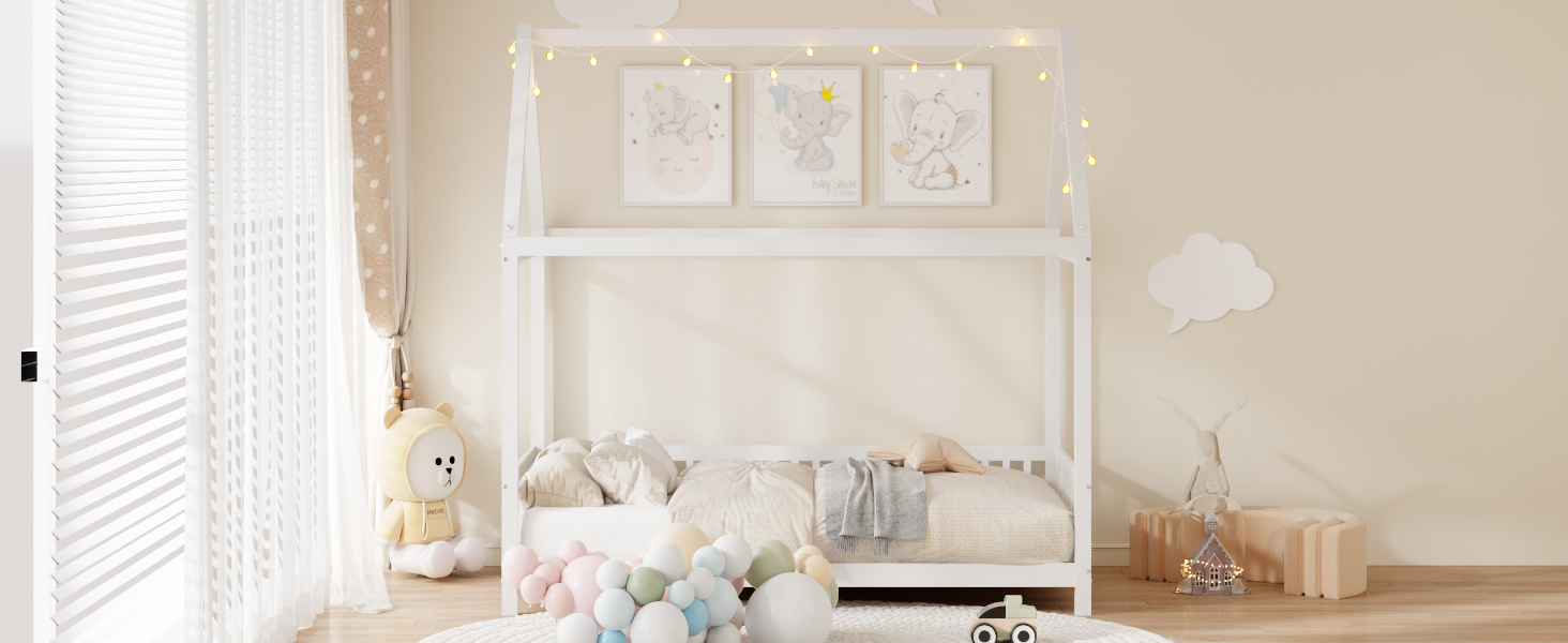 Wood Full Size House Bed with Guardrail and LED, White