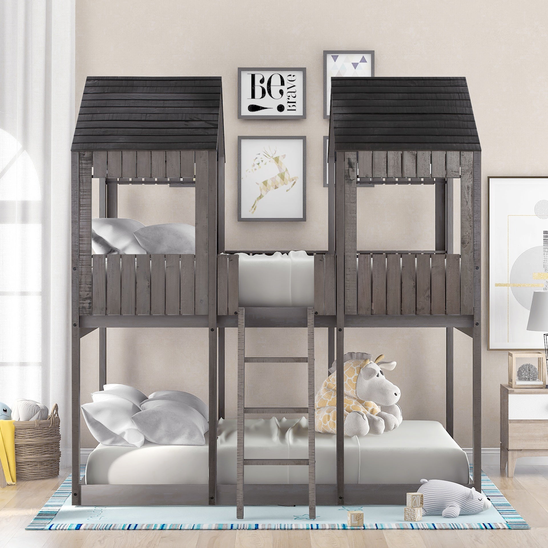 Full Over Full WoodBunk Bed with Roof, Window, Guardrail, Ladder(Antique Gray)