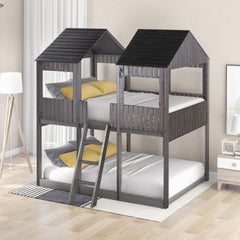 Full Over Full WoodBunk Bed with Roof, Window, Guardrail, Ladder(Antique Gray)