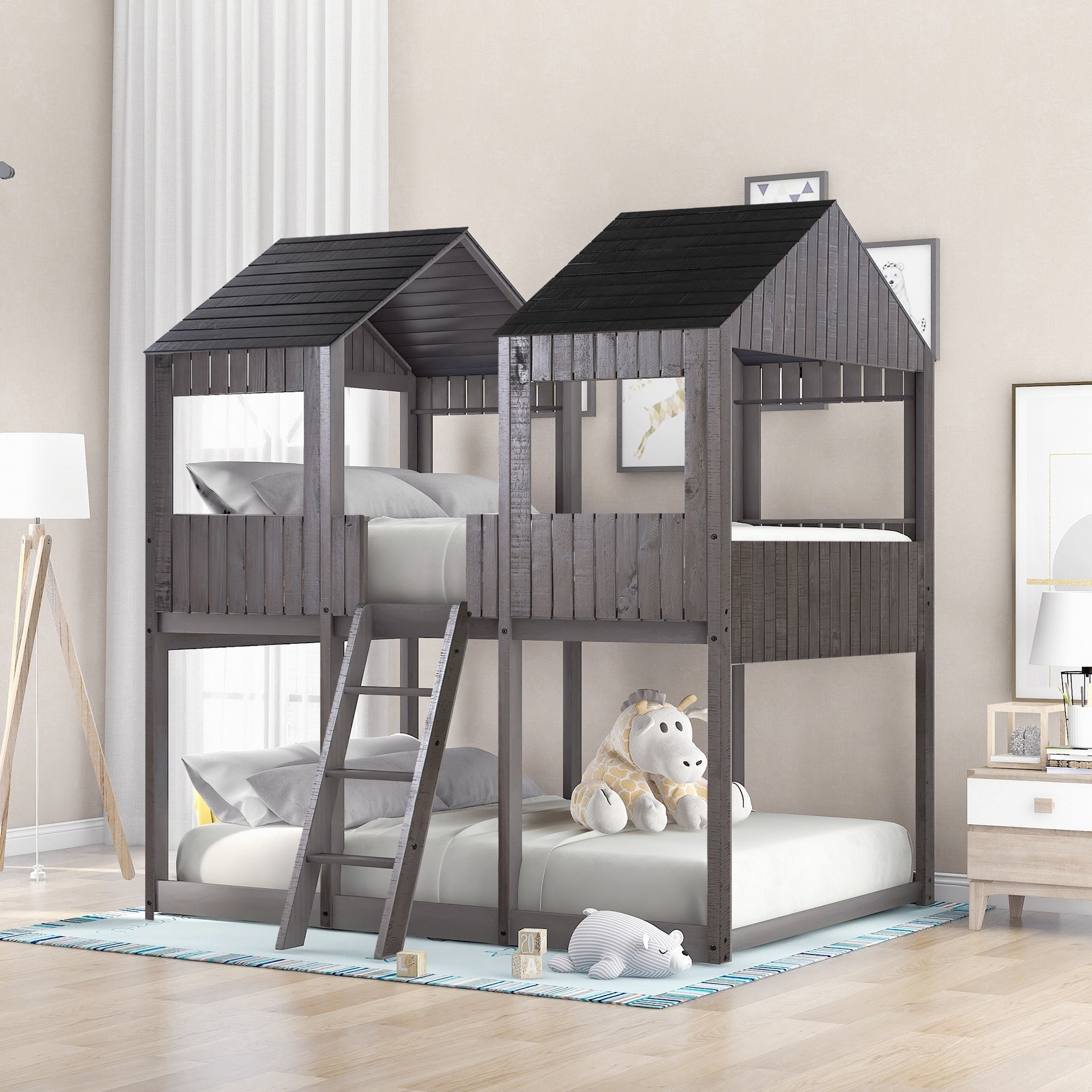 Full Over Full WoodBunk Bed with Roof, Window, Guardrail, Ladder(Antique Gray)