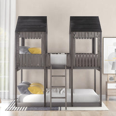 Full Over Full WoodBunk Bed with Roof, Window, Guardrail, Ladder(Antique Gray)