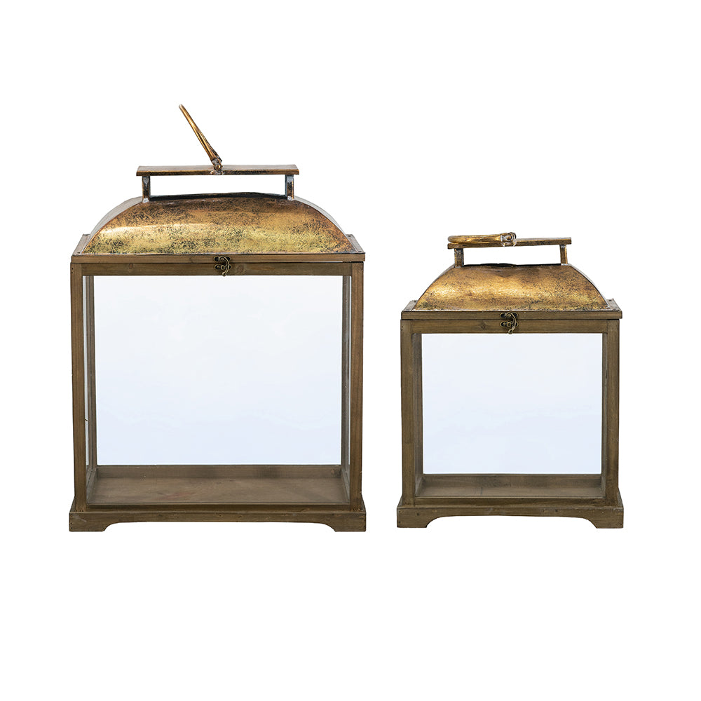 S/2 Brown Wooden Lanterns with Clear Glass Panels and Gold Metal Dome Accents