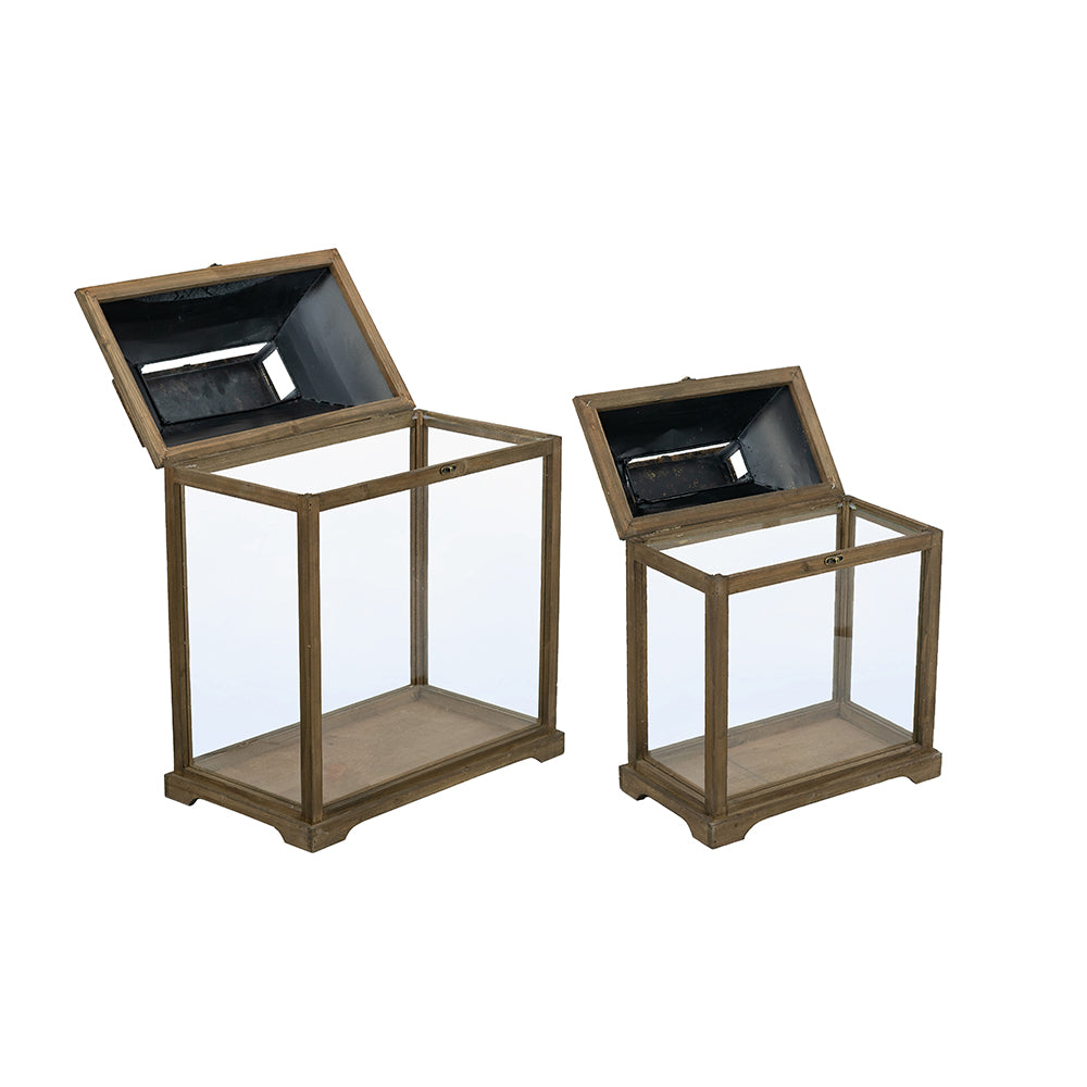 S/2 Brown Wooden Lanterns with Clear Glass Panels and Gold Metal Dome Accents