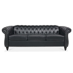 84.65" BLACK PU Rolled Arm Chesterfield Three Seater Sofa.