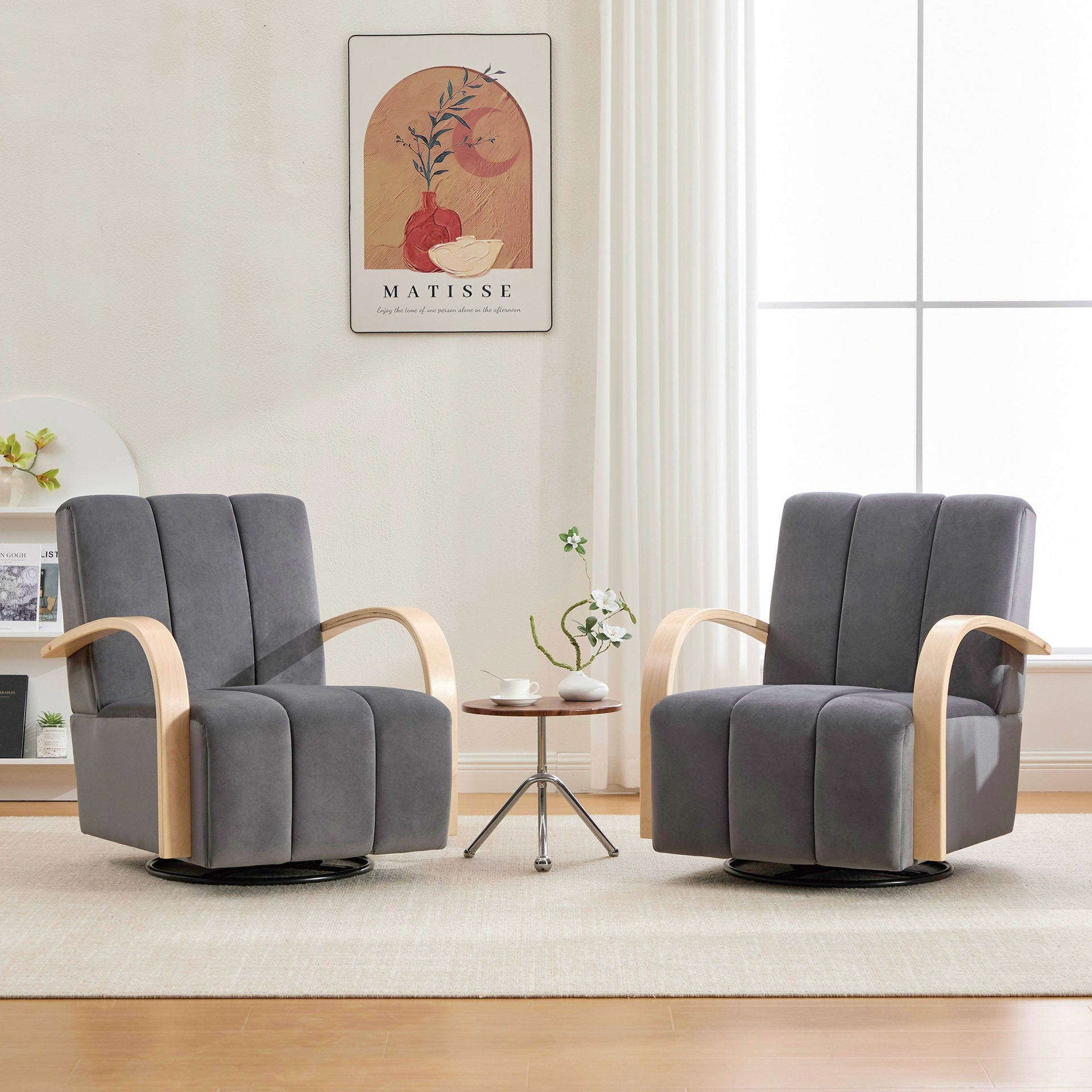 30.7"W Upholstered 360° Swivel Accent Chair with Solid Wood Armrests and Comfy Channel Tufted Lounge Reading Chair, Single Sofa Armchair for Hotel Bedroom Living Room Office and Bedroom. Charcoal